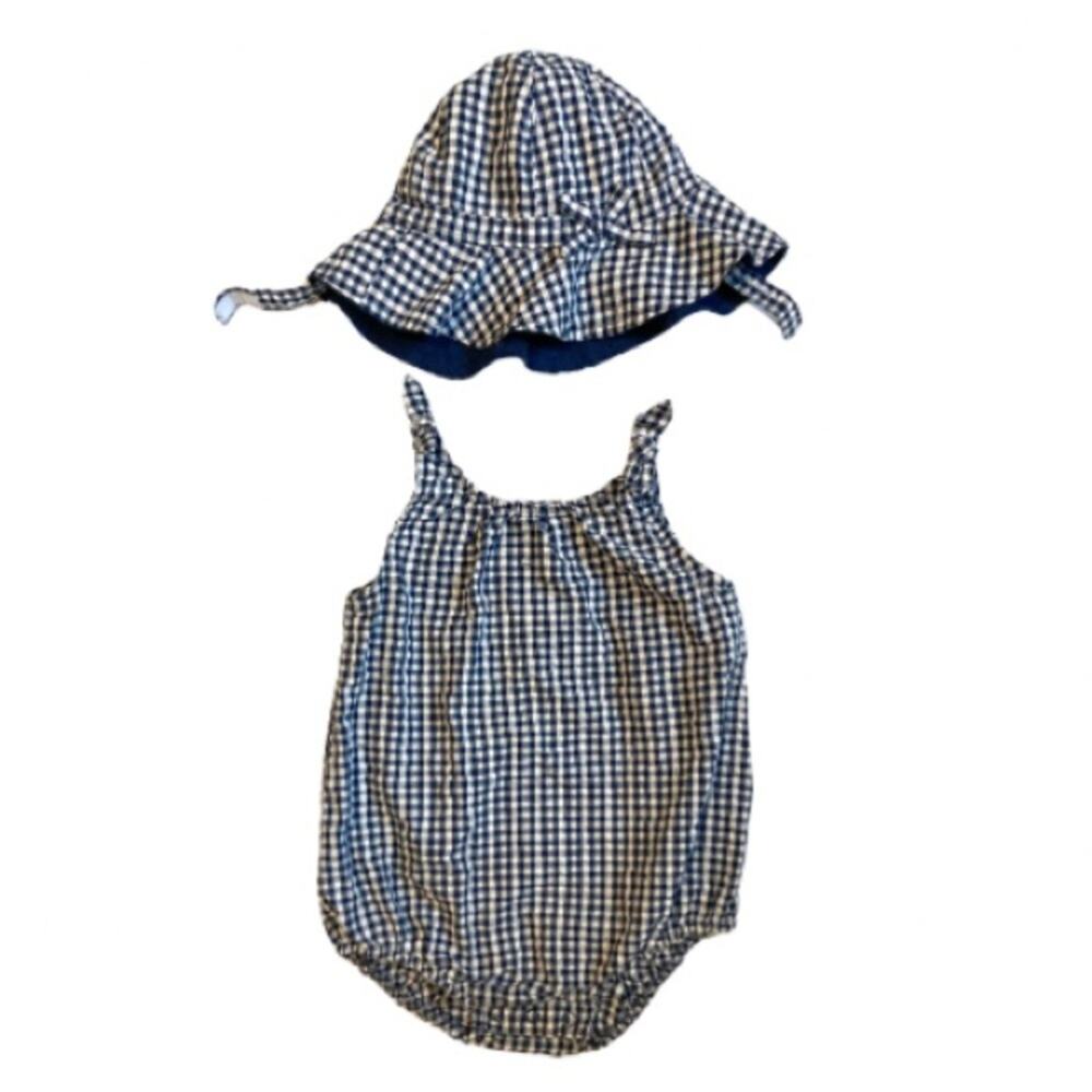 Carter’s Blue White Seersucker Gingham Plaid Bubble Romper Hat Toddler 18 Months